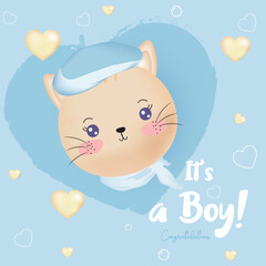 It's a Boy! On a blue background with a cute cat. Vector