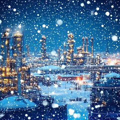 Fototapeta premium Illuminated industrial complex amidst a heavy snowfall creating a contrasting scene of warmth and cold.