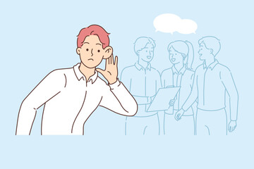 Business man eavesdrops on conversations of subordinates, wanting to find out latest gossip