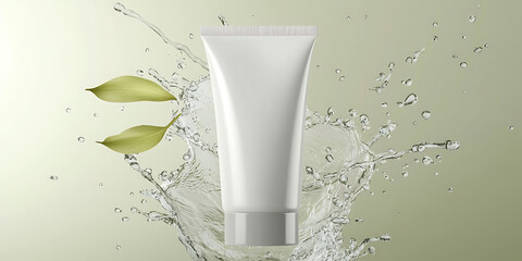 White tube with water splash and leaves showcasing skincare or cosmetic product.