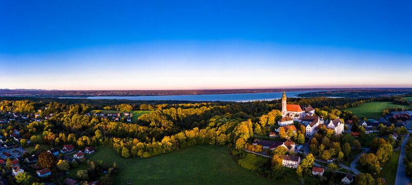 Germany, Bavaria, Upper Bavaria, Pfaffenwinkel, Ammersee, Andechs Abbey at sunrise