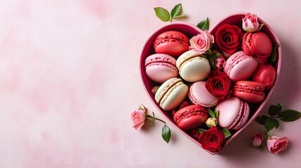 A pink heart shaped box with many macarons and roses