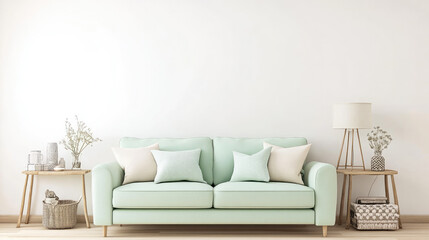 A contemporary 3D living room design with a mint green sofa on a white wall, light wooden floors, and stylish decor, creating a minimalist, clean space with a fresh, inviting atmosphere.