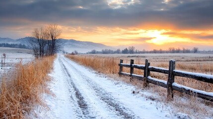 Snowy sunrise path, rural landscape, winter scene, nature photography