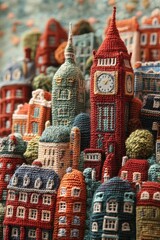 Handcrafted Knitted London Cityscape with Big Ben, Colorful Wool Art Illustration