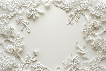 Elegant white lace frame with intricate floral patterns on a soft background.