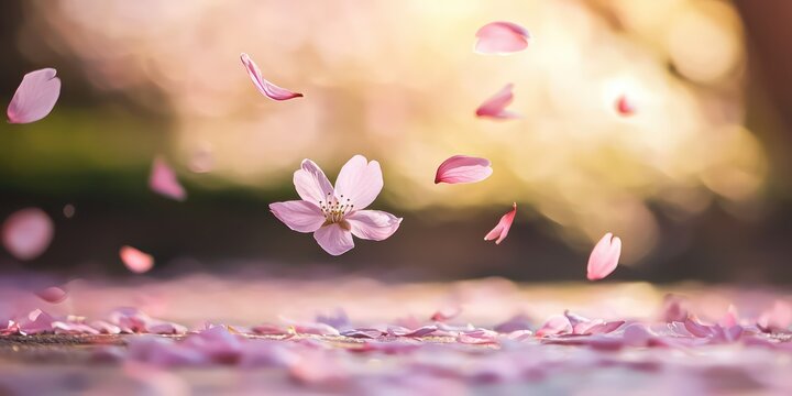 A close-up of a delicate cherry blossom petal falling to the ground