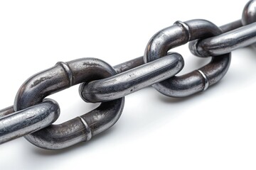 Obraz premium A close-up of a heavy metal chain link, showcasing its robust structure and glossy finish against a white background.