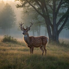 Fototapeta premium Chital also known as spotted deer in Ranthambore tiger reserve A majestic elk standing in the misty morning light of a serene mountain meadow.a deer standing in the woods with its antlers on.