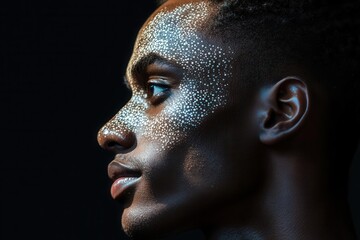 young man's profile with prominent vitiligo patterns highlighted by dramatic side lighting against dark background