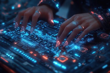 Obraz premium Cyberpunk Hands Typing on Futuristic Keyboard