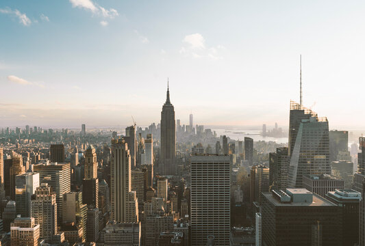 USA, New York, Aerial view of New York city skyscrapers with Empire State Building