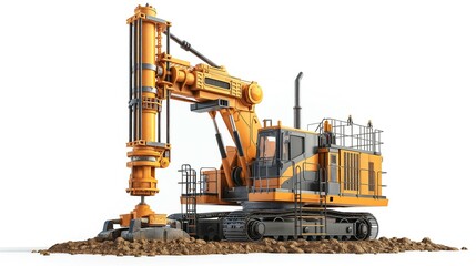 A large orange construction drill rig on a dirt mound, ready for excavation work.