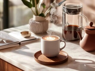 Cozy morning coffee scene with steaming cup, freshly brewed coffee pot, and open book on a marble table