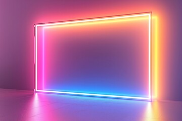 A vibrant neon light frame with pink, blue, and orange hues illuminating a minimalist space.