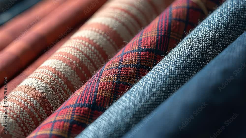 Poster A row of different colored fabric with a blue stripe. The blue stripe is on the left side of the row