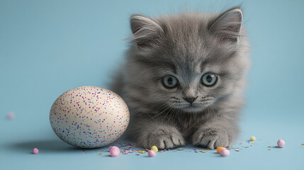 curious gray kitten resting beside speckled egg on blue background