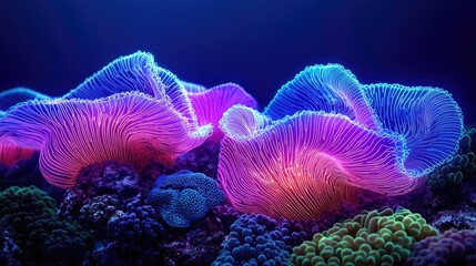 Obraz premium Ocean acidification concept. Vibrant corals illuminated under the sea, showcasing their unique textures and colors.