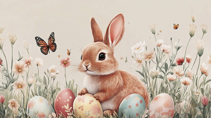 cute bunny sits among colorful eggs and flowers with butterflies