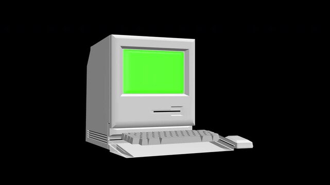Retro pc with chroma key green screen, old computer isolated on black background. Retro obsolete technology. Mock up for 3d motion design and advertising.