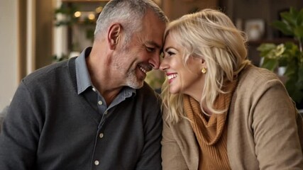 During the counseling session, the happy mature adult couple close their eyes and lean in to touch their heads together