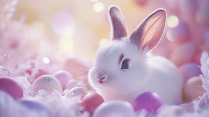 cute rabbit peeks through pastel colored eggs in whimsical setting