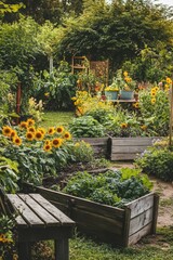 Vibrant raised garden beds featuring sunflowers, carrots, and kale in a rustic wooden setting.