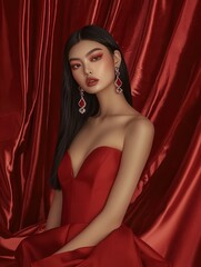 Elegant portrait of a fashionable woman in red dress against a luxurious satin background with dramatic makeup and statement earrings
