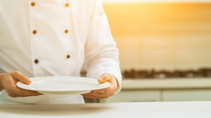 Fototapeta premium Chef presenting empty plate in bright kitchen, symbolizing culin