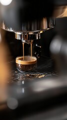 Freshly brewed espresso pouring from coffee machine into glass cup on countertop with detailed focus on rich texture and aroma