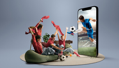 Virtual sports, digital experience. Excited soccer fans in red watching football match online via phone. 3D model of smartphone with soccer player kicking ball through screen. Concept of e-sports
