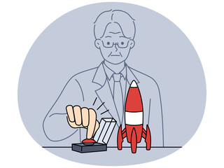 Businessman push button launch business idea