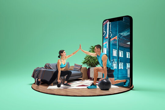 Digital fitness, virtual coaching. Woman training at home and giving virtual high five to her male coach appearing from screen. 3D model of smartphone with virtual gym interface. Concept of e-sports