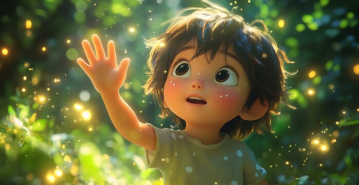 Animated girl reaching for fireflies in a lush forest.