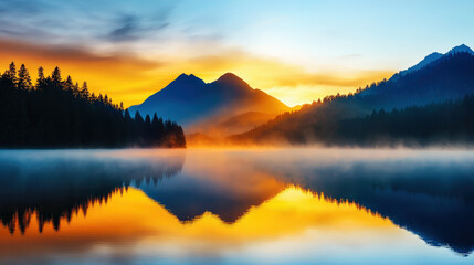 Fototapeta premium calm sunrise over peaceful lake, glowing mist, and majestic mountains create serene atmosphere