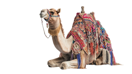 Camel resting on the sand, adorned with colorful textiles in a desert setting during mid-afternoon light
