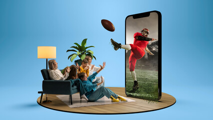 Immersive football experience. Group of friends reacting excitedly as football player kicks ball through smartphone screen blending virtual match with real-world setting on blue background. 3D phone © master1305