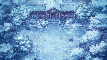 Obraz premium Snowy Village Game Map: Pixel Art Winter Scene