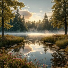 Fototapeta premium a hot summer day,fog over a round lake, oil smoke (generated by artificial intelligence)