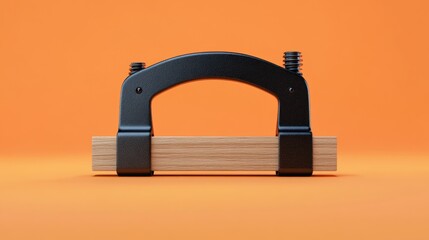 A C-clamp securing a piece of wood on an orange background