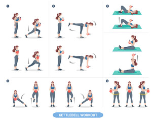 An illustrated kettlebell exercise guide showing a woman performing various workout routines, including lunges, balance movements, floor exercises, side lunges, and rotational exercises. 