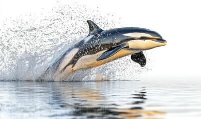 Obraz premium Dolphin leaping from ocean at sunrise, water splashing, peaceful background, wildlife image