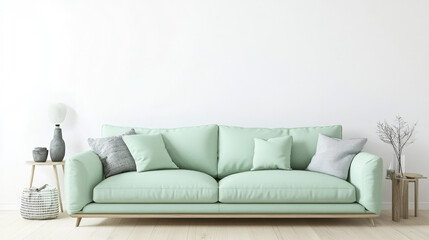 Fototapeta premium A contemporary 3D living room design with a mint green sofa on a white wall, light wooden floors, and stylish decor, creating a minimalist, clean space with a fresh, inviting atmosphere.