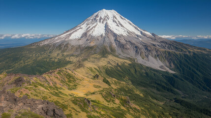 Majestic snow-capped volcano, scenic vista, mountain range background, travel poster