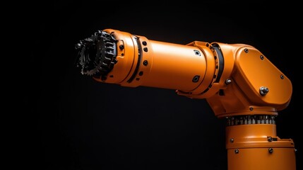 A close-up of an industrial robotic arm with visible joints, gears, and mechanisms, lit on a dark background