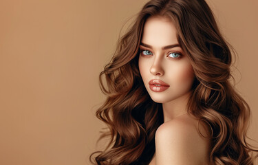 Naklejka premium Good-looking healthy woman with wavy hairstyle. Beauty female person with make-up