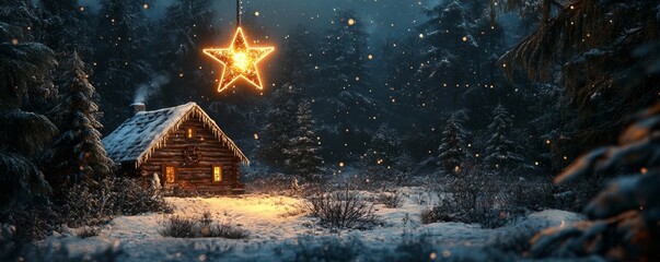 artistic depiction of a glowing star ornament hanging above a snow-covered cabin in a forest clearing, Generative AI