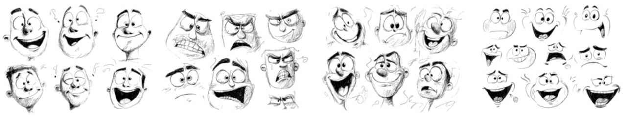 A set of cartoonish characters featuring funny, comic, and groovy faces with various eye emotions and cute retro emojis is presented, showcasing vintage facial expressions and modern personages