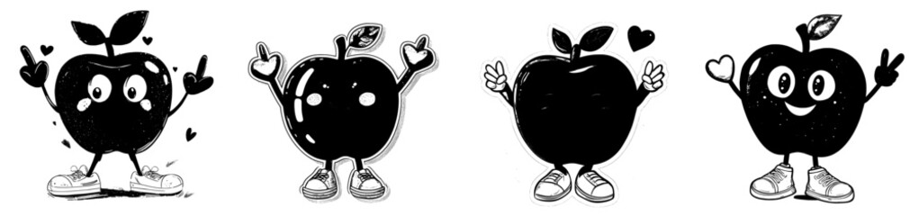 A groovy cartoon apple from the retro era is whistling a love melody, depicted in a modern funky comic style, while another cartoon apple with a happy face sings a song filled with hearts,