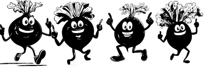 A retro cartoon character is depicted as a groovy beet vegetable with a humorous and silly face in a modern comic style, showcasing a groovy and funky beetroot with a cheerful smile and its tongue